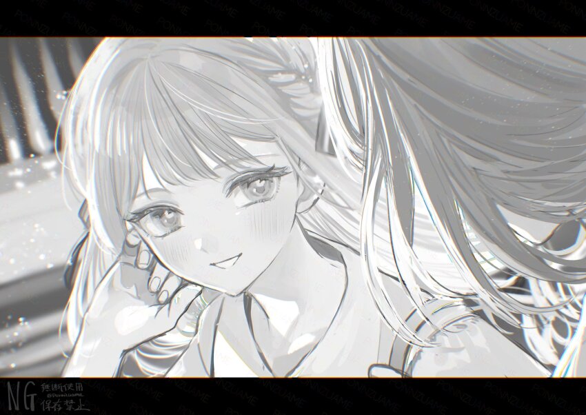 2girls amezawa_koma artist_name bang_dream! bang_dream!_it&#039;s_mygo!!!!! blush braid chromatic_aberration dutch_angle face-to-face facing_away fingernails floating_hair greyscale grin hair_ribbon hand_on_own_face hand_up highres letterboxed light_particles looking_at_another misumi_uika monochrome multiple_girls outdoors portrait ribbon smile togawa_sakiko tucking_hair twitter_username two_side_up watermark