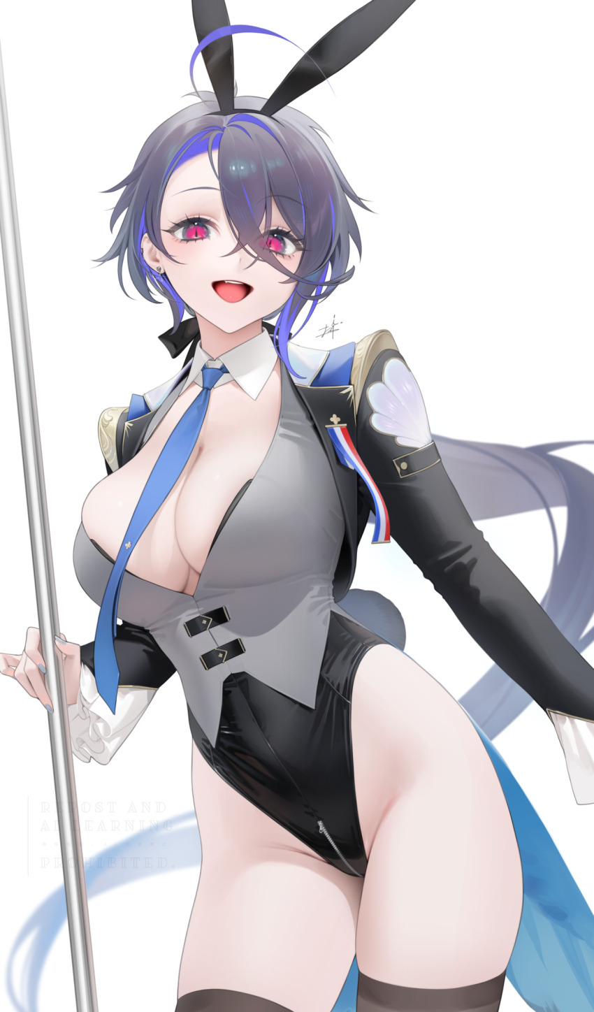 1girl animal_ears azur_lane blue_necktie breasts earrings fake_animal_ears foch_(azur_lane) frilled_sleeves frills highres jewelry leotard low_ponytail necktie ohisashiburi open_mouth pink_eyes playboy_bunny ponytail simple_background slit_pupils solo thighhighs