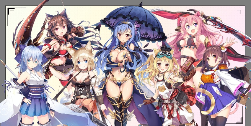 animal_ears aqua_eyes armor baggy_pants bandaid bare_shoulders belt bikini bikini_armor black_hair blonde_hair blue_eyes blue_hair blush bow_(weapon) braid breast_hold breasts brown_eyes brown_hair butterfly_hair_ornament cat_ears choker cleavage detached_sleeves dot_nose earrings fortress_girl gauntlets gloves gun hair_between_eyes hair_ornament highres japanese_clothes jewelry large_breasts long_hair masushita matsuuni medium_hair multiple_girls nekonyan open_mouth orange_eyes pants pink_eyes pink_hair polearm red_eyes ribbon shokuyou_mogura short_hair side_ponytail sidelocks simple_background small_breasts smile spear striped_tail swimsuit sword tail umbrella weapon white_background white_hair wrench xe_(execut3r) yatsuha_(hachiyoh)