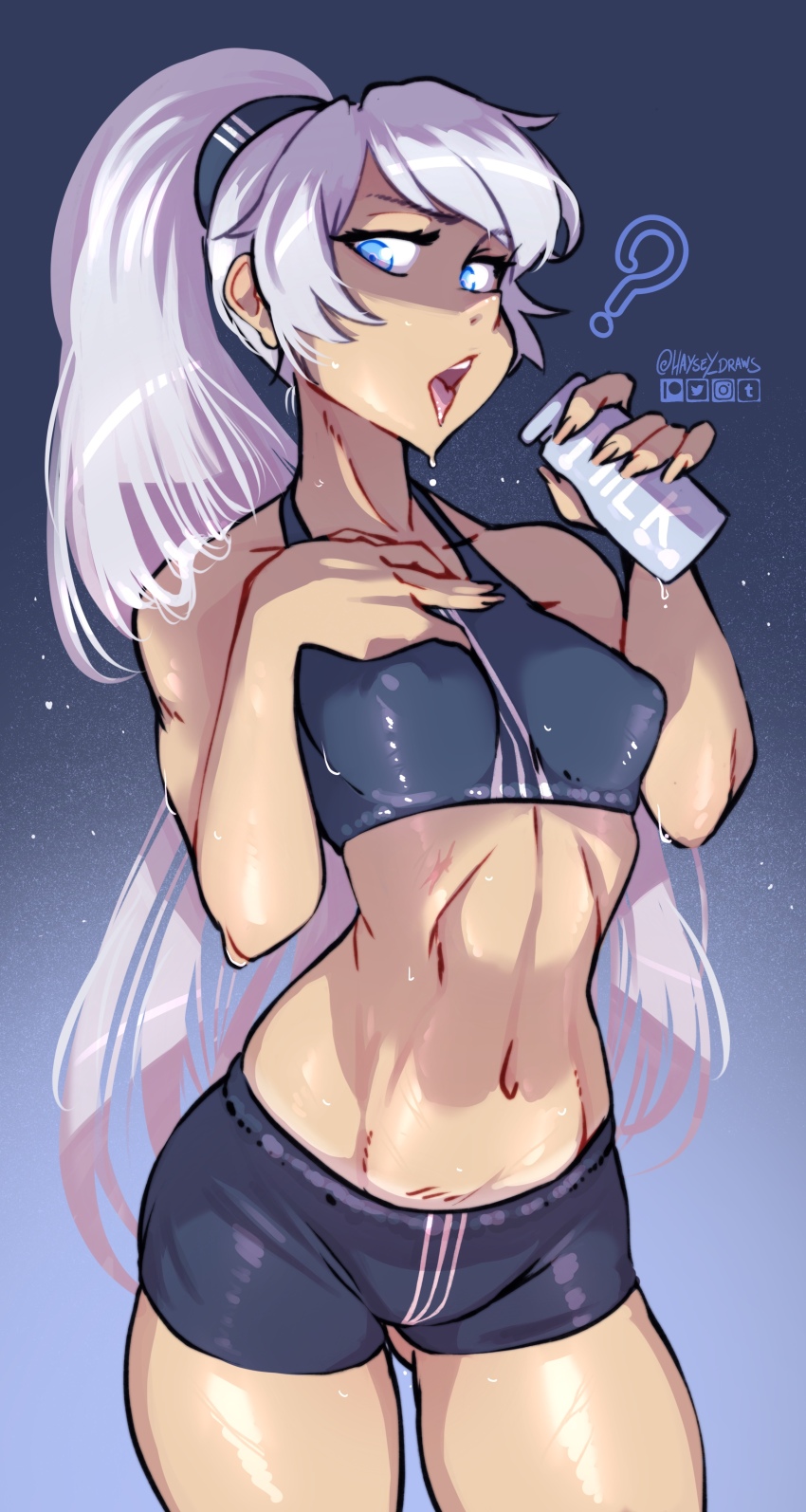 1girl ? absurdres black_sports_bra blue_background blue_eyes breasts commentary covered_erect_nipples cowboy_shot english_commentary gluteal_fold gradient_background haysey highres impossible_clothes instagram_logo long_hair looking_at_viewer medium_breasts navel open_mouth paid_reward_available patreon_logo ponytail rwby shorts solo sports_bra teeth tongue tumblr_logo twitter_logo twitter_username very_long_hair weiss_schnee white_hair