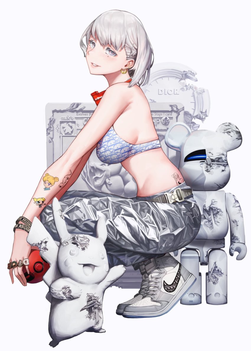 +_+ 1girl air_jordan air_jordan_1 armpit_crease back_tattoo belt bishoujo_senshi_sailor_moon blush bra bracelet breasts chain chain_necklace charizard cherish_ball clock dior earrings english_text from_side full_body gen_1_pokemon gold_earrings hair_ornament hairclip highres holding holding_poke_ball jewelry legendary_pokemon lips looking_at_viewer medium_hair mew_(pokemon) midriff multicolored_eyes multiple_piercings mythical_pokemon necklace nike_(company) nintendo original parted_lips pikachu poke_ball pokemon pokemon_(creature) pokemon_card powerpuff_girls print_bra red_neckwear ring ringed_eyes sailor_moon seatbelt shiny_clothes shoelaces shoes simple_background smile sneakers solo squatting star_(symbol) star_earrings statue stud_earrings swept_bangs symbol-shaped_pupils tattoo tramp_stamp tsukino_usagi underwear wavy_hair white_background white_bra white_hair white_shoes