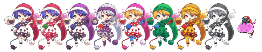 6+girls antinomy_of_common_flowers black_dress blonde_hair blue_hair book boots capelet clownpiece clownpiece_(cosplay) colored_skin cosplay diary doremy_sweet doremy_sweet_(baku) dream_soul dress gold green_headwear greyscale hat highres holding holding_book horns long_image monochrome multicolored_skin multiple_girls multiple_persona nightcap pom_pom_(clothes) purple_hair red_headwear sheep sheep_horns tail tapir_tail thighhighs touhou two-tone_dress two-tone_skin white_dress wide_image ys_(fall)