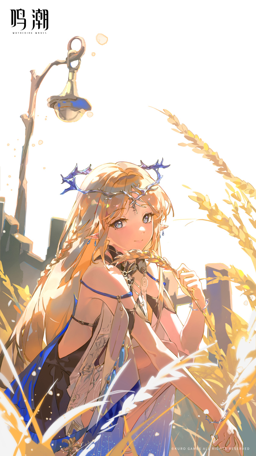 1girl absurdres bare_shoulders black_collar black_dress blonde_hair blue_eyes cartethyia_(wuthering_waves) chinese_commentary closed_mouth collar commentary_request crown_of_thorns dress earrings highres holding jewelry long_hair looking_at_viewer necklace official_art pointy_ears smile solo tabard tacet_mark_(wuthering_waves) very_long_hair wheat white_background white_tabard wuthering_waves