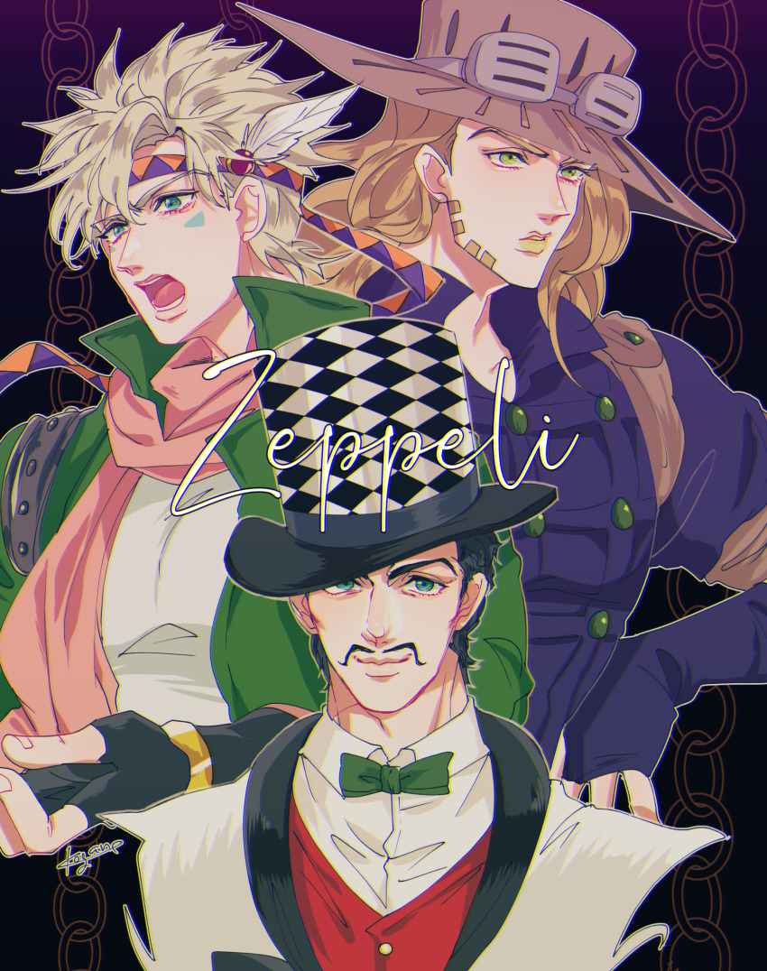 3boys abs aqua_eyes artist_name battle_tendency beard black_hair blonde_hair blue_eyes bow bowtie brown_hair caesar_anthonio_zeppeli character_name chromatic_aberration collared_shirt facial_hair facial_mark feather_hair_ornament feathers fingerless_gloves formal_clothes gloves goggles goggles_on_headwear green_eyes green_jacket green_neckwear gyro_zeppeli feather_hair_ornament hat headband highres jacket jojo_no_kimyou_na_bouken kogatarou lipstick long_hair makeup male_focus multiple_boys muscular mustache parted_lips phantom_blood pink_scarf popped_collar scarf shirt short_hair signature simple_background smile steel_ball_run suit top_hat vest white_shirt will_anthonio_zeppeli yellow_lips
