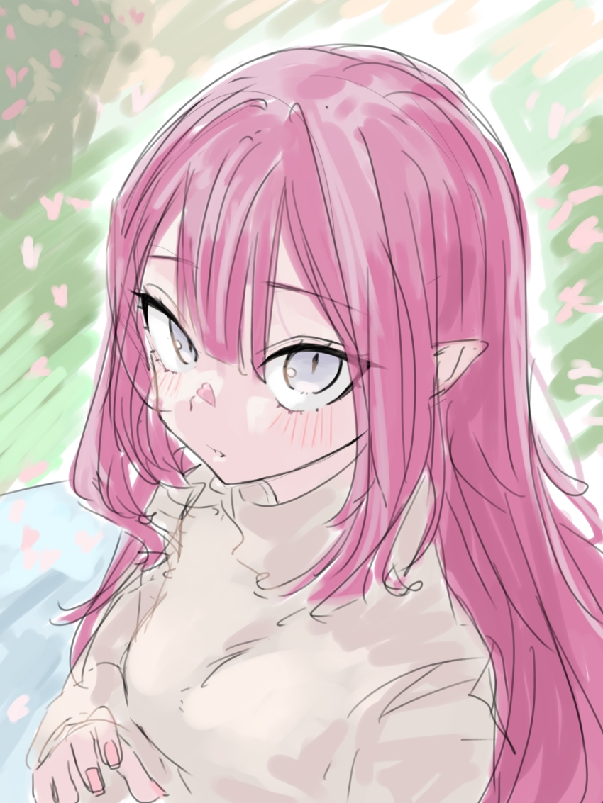 1girl baobhan_sith_(fate) breasts brown_sweater cherry_blossoms dress falling_petals fate/grand_order fate_(series) flower grey_eyes hair_between_eyes highres long_hair looking_at_viewer niwaikanai petals pink_hair pointy_ears red_nails solo spring_(season) sweater