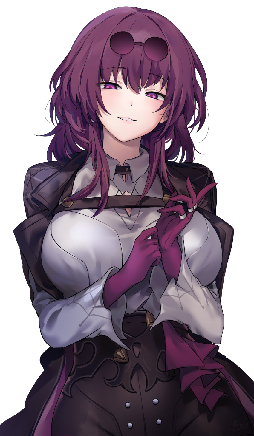 1girl absurdres allze black_jacket breasts chest_harness collared_shirt commentary english_commentary eyewear_on_head glasses gloves hair_between_eyes harness high-waist_shorts highres honkai:_star_rail honkai_(series) jacket jewelry kafka_(honkai:_star_rail) large_breasts long_hair long_sleeves looking_at_viewer multiple_rings open_clothes open_jacket pince-nez purple-tinted_eyewear purple_eyes purple_gloves purple_hair ring round_eyewear shirt shorts signature simple_background smile solo sunglasses teeth tinted_eyewear upper_body white_background white_shirt