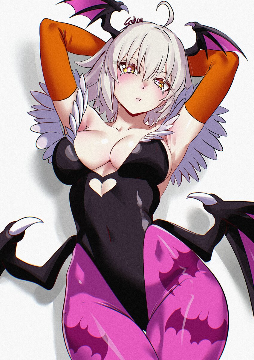 1girl absurdres ahoge animal_print armpits arms_behind_head arms_up bare_shoulders bat_print bat_wings blush breasts cleavage cosplay covered_navel darkstalkers detached_sleeves fate/grand_order fate_(series) fukou grey_hair highleg highleg_leotard highres jeanne_d&#039;arc_alter_(fate) large_breasts leotard looking_at_viewer morrigan_aensland morrigan_aensland_(cosplay) pantyhose purple_pantyhose short_hair solo wings yellow_eyes