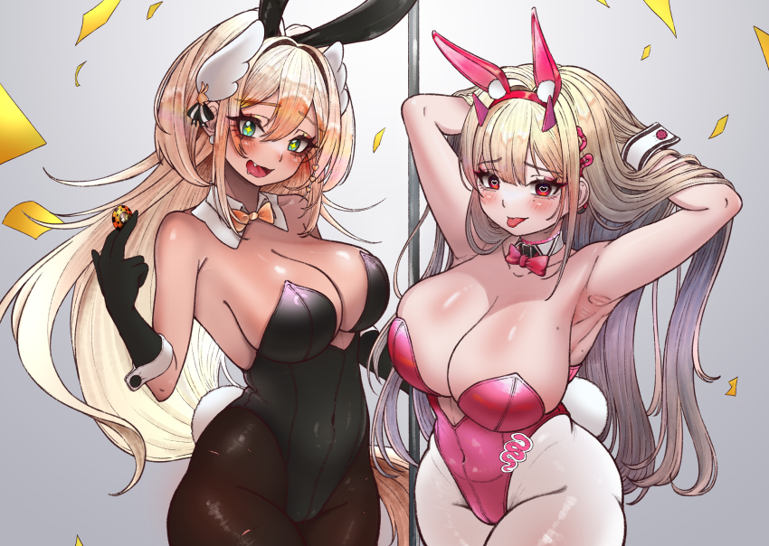 2girls :d absurdres animal_ears armpits bare_shoulders black_gloves black_leotard blonde_hair blush bow bowtie breasts brown_pantyhose cleavage covered_navel dark-skinned_female dark_skin detached_collar earrings fake_animal_ears fake_tail fang gloves goddess_of_victory:_nikke green_eyes hair_ornament heart heart-shaped_pupils highleg highleg_leotard highres holding horns jewelry kilowinwin large_breasts leotard long_hair looking_at_viewer mole mole_under_eye multiple_girls official_alternate_costume open_mouth pantyhose pink_bow pink_bowtie pink_horns pink_leotard playboy_bunny pole ponytail rabbit_ears rabbit_tail red_eyes rupee_(nikke) rupee_(rabbit_deluxe)_(nikke) smile sparkling_eyes strapless strapless_leotard symbol-shaped_pupils tail tongue tongue_out viper_(nikke) viper_(toxic_rabbit)_(nikke) white_pantyhose wrist_cuffs yellow_bow yellow_bowtie