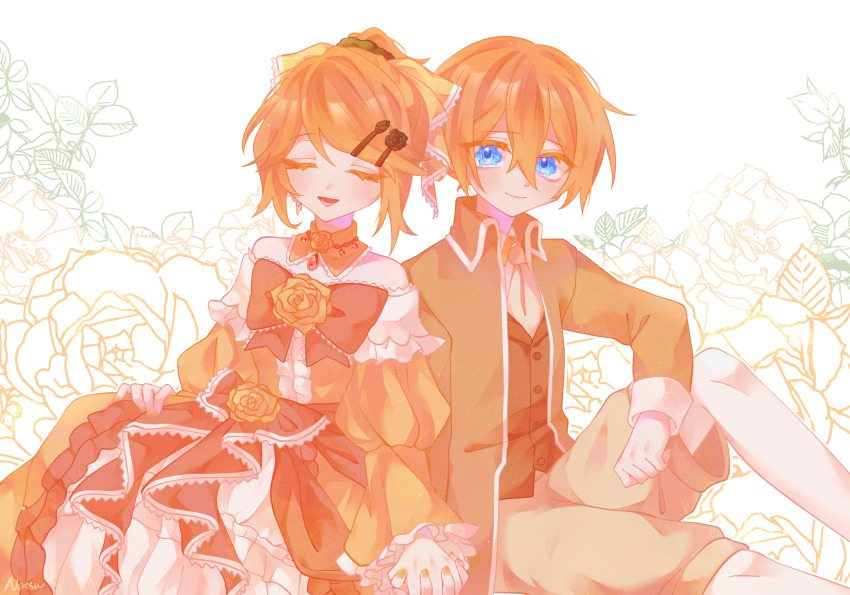 1girl aku_no_meshitsukai_(vocaloid) aku_no_musume_(series) aku_no_musume_(vocaloid) allen_avadonia bare_shoulders black_vest blonde_hair blue_eyes bow closed_eyes collared_coat dress dress_bow floral_background flower_ornament frilled_dress frills gown hair_bow hair_ornament hairclip highres holding_hands kagamine_len kagamine_rin layered_dress leaning_on_person looking_at_another muted_color natsu29380387 puffy_sleeves riliane_lucifen_d&#039;autriche short_hair shorts sitting sleeping sleeves_rolled_up smile strapless strapless_dress vest vocaloid yellow_theme