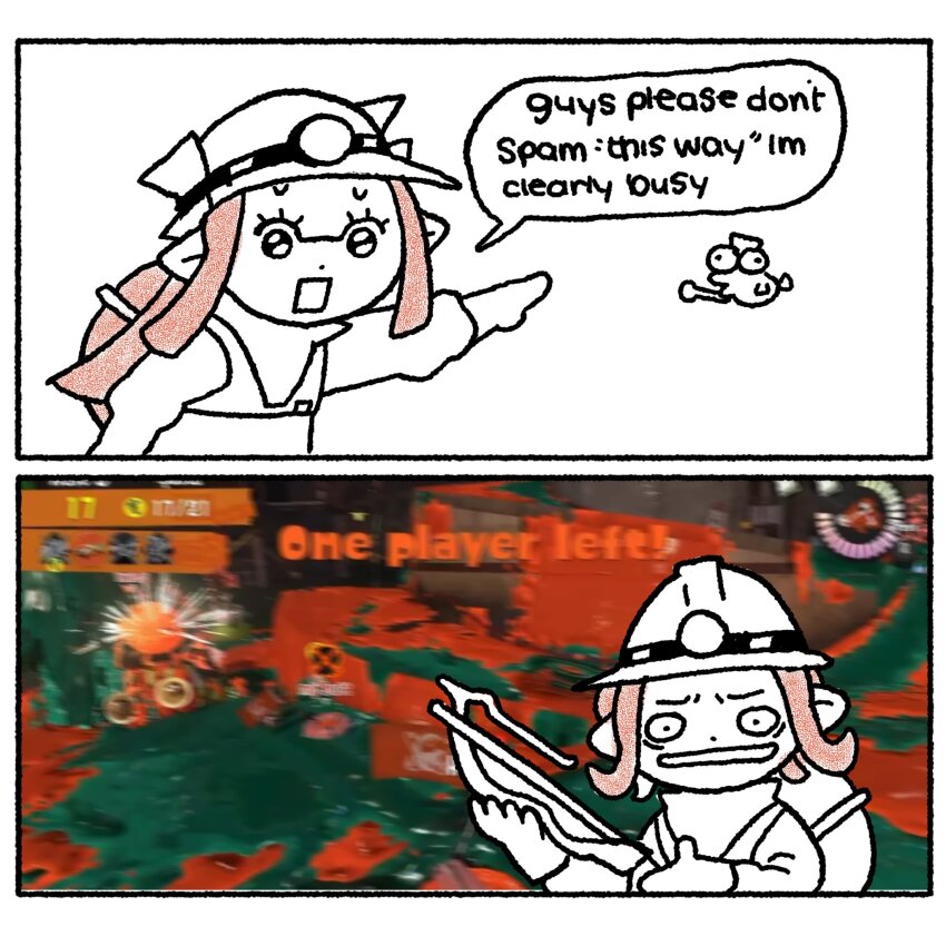 2girls 2koma arm_up bags_under_eyes blurry blurry_background border comic constricted_pupils english_text female_focus gloves hands_up headlamp helmet highres holding holding_weapon inkling_girl inkling_player_character jumpsuit lifebuoy long_hair long_sleeves multiple_girls nintendo octoling_girl octoling_player_character open_mouth orange_hair outstretched_arm pointing pointy_ears rectangular_mouth ri_(stackopamcake) salmon_run_(splatoon) screenshot_background sidelocks sketch smallfry_(splatoon) speech_bubble splatoon_(series) splatoon_3 squiffer_(splatoon) standing sweat swim_ring talking two-handed upper_body vest weapon white_border