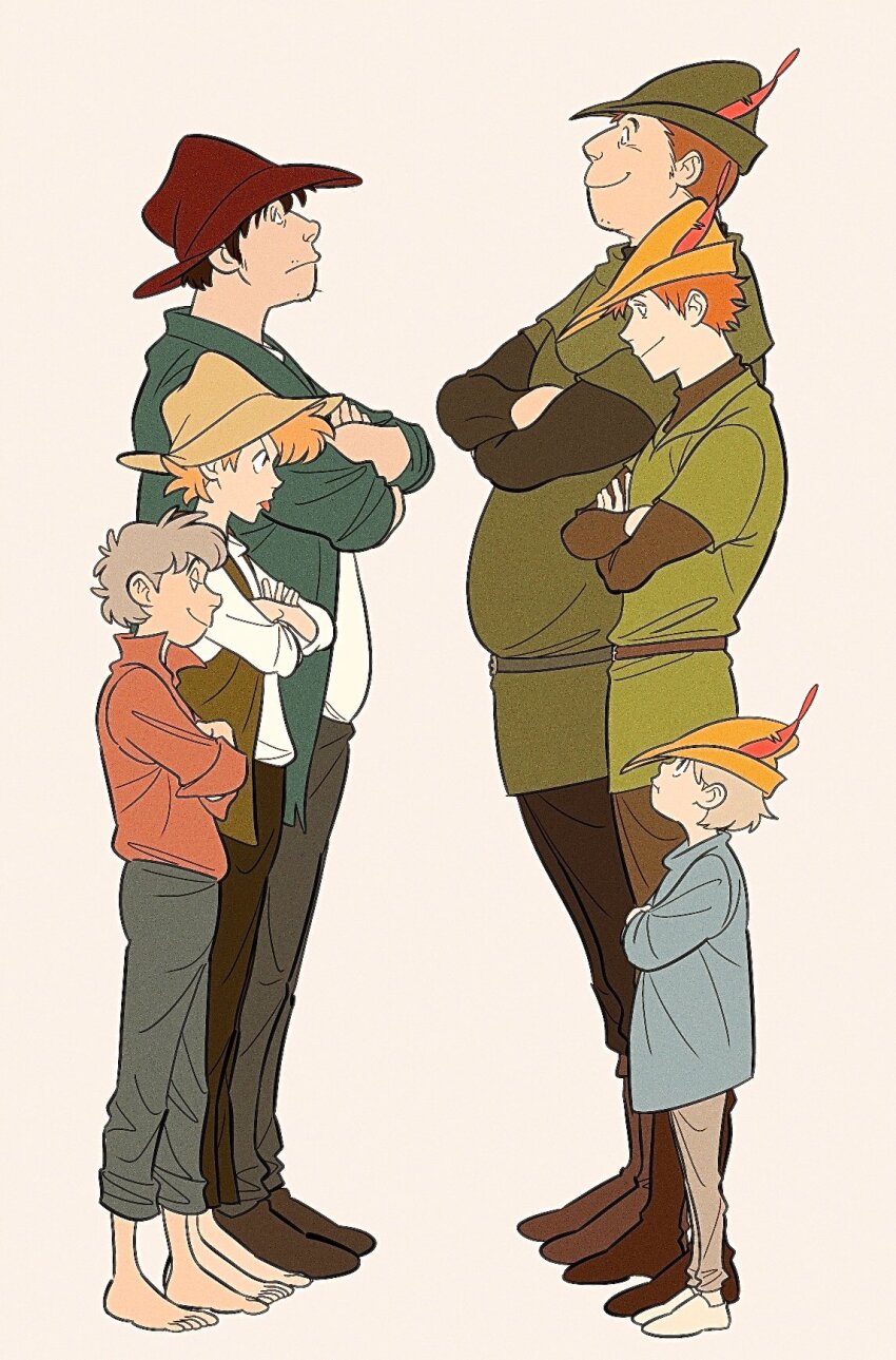 6+boys barefoot belt blue_shirt br&#039;er_bear_(disney) br&#039;er_fox_(disney) br&#039;er_rabbit_(disney) brown_belt brown_hair brown_hat brown_shirt brown_vest closed_mouth crossed_arms facial_hair goatee_stubble green_hat green_jacket green_tunic grey_pants hat hat_feather highres humanization jacket little_john long_sleeves looking_at_another male_focus multiple_boys pants red_shirt robin_hood_(disney_character) robin_hood_(disney_movie) shirt skippy_(robin_hood) song_of_the_south sparse_stubble stubble tongue tongue_out tunic uochandayo vest white_shirt yellow_hat