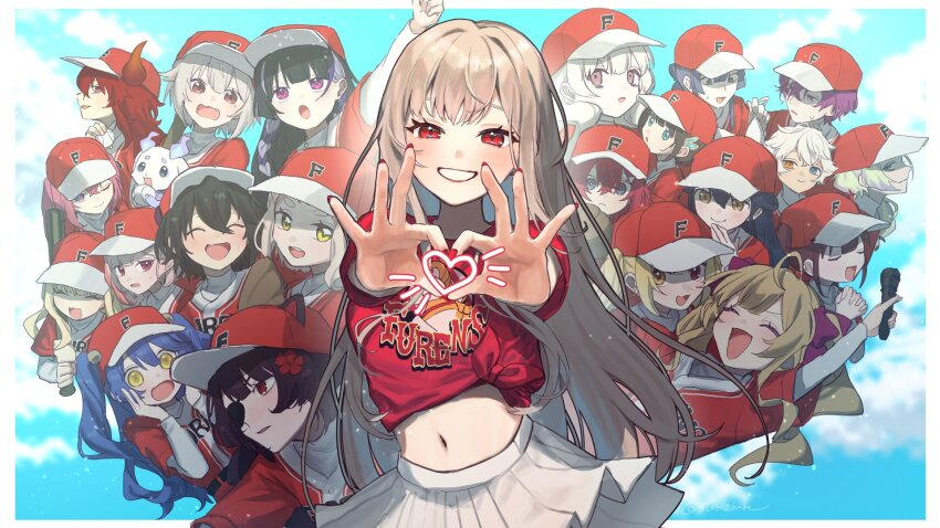 1other 4boys 6+girls ahoge amagase_muyu amamiya_kokoro ange_katrina animal_ears ball baseball_(object) baseball_bat baseball_cap baseball_glove baseball_uniform black_hair blonde_hair blue_eyes blue_hair blue_sky blush bow braid brown_hair claude_clawmark closed_eyes derem_kado dog_ears dola_(nijisanji) eyepatch furen_e_lustario hair_bow hair_ribbon hat hayama_marin heart heart_hands heterochromia highres holding holding_ball holding_baseball_bat holding_microphone horns hoshikawa_sara inui_toko lee_roha light_brown_hair long_hair long_sleeves looking_at_viewer lunlun_(nijisanji) machita_chima mashiro_meme meloco_kyoran microphone midriff mononobe_alice multicolored_hair multiple_boys multiple_girls nagao_kei nail_polish naraka_(nijisanji) navel nijisanji nijisanji_en nijisanji_id nijisanji_kr pink_eyes pink_hair purple_eyes purple_hair red_eyes red_hair red_nails reimu_endou ribbon shiga_riko shirt short_eyebrows short_hair short_sleeves skirt sky smile sportswear sugoikabe takamiya_rion tied_shirt twintails uki_violeta virtual_youtuber white_hair yamagami_karuta yellow_eyes