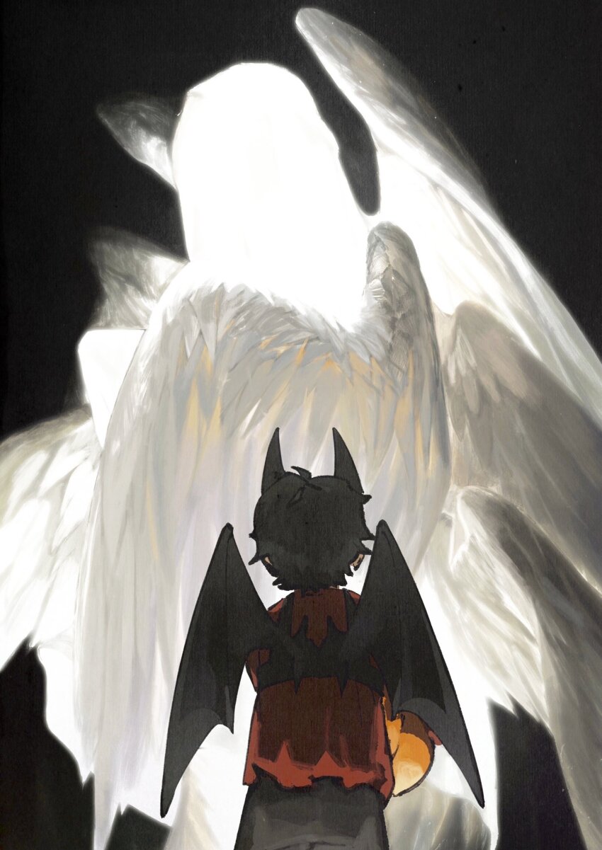 1boy 1other 7enn aged_down angel angel_wings black_background black_hair black_pants bucket demon_horns demon_wings devilman devilman_crybaby feathered_wings from_behind fudou_akira glowing halloween_bucket height_difference highres holding holding_bucket horns multiple_wings pants red_shirt satan_(devilman) shirt simple_background wings