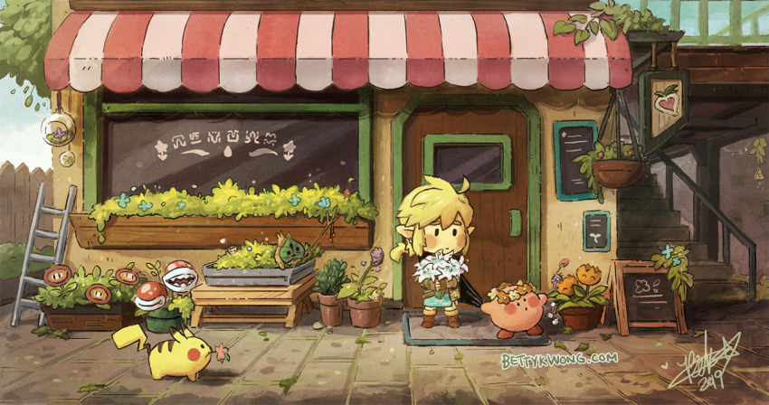 1boy bettykwong blonde_hair blouse blue_shirt blush_stickers cape chibi fire_flower flower flower_pot flower_shop gen_1_pokemon head_wreath industrial_pipe kirby kirby_(series) korok ladder link looking_at_another looking_to_the_side mario_(series) nintendo pikachu pikmin_(creature) pikmin_(series) piranha_plant plant pointing pokemon pokemon_(creature) shirt shop silent_princess super_smash_bros. the_legend_of_zelda the_legend_of_zelda:_breath_of_the_wild