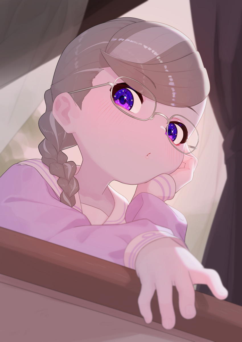 1girl absurdres blush braid closed_mouth colored_skin commentary_request curtains dekasuji desk from_below glasses grey-framed_eyewear grey_hair grey_skin hair_behind_ear highres indoors long_sleeves looking_at_viewer my_little_pony my_little_pony:_equestria_girls my_little_pony:_friendship_is_magic puffy_long_sleeves puffy_sleeves purple_eyes purple_shirt sailor_collar school_desk shirt silver_spoon silver_spoon_(equestria_girls) solo upper_body variant_set white_sailor_collar