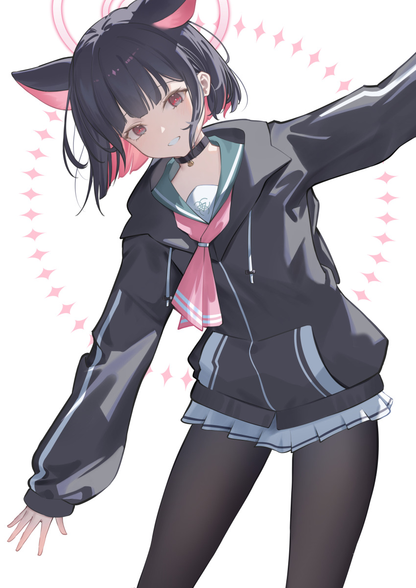 1girl absurdres animal_ears ascot black_choker black_hair black_jacket black_pantyhose blue_archive cat_choker cat_ears cat_girl choker colored_inner_hair extra_ears green_sailor_collar grin highres jacket kazusa_(blue_archive) looking_at_viewer miku_rasha multicolored_hair outstretched_arms pantyhose pink_ascot pink_eyes sailor_collar short_hair skirt sleeves_past_wrists smile solo spread_arms two-tone_hair white_skirt