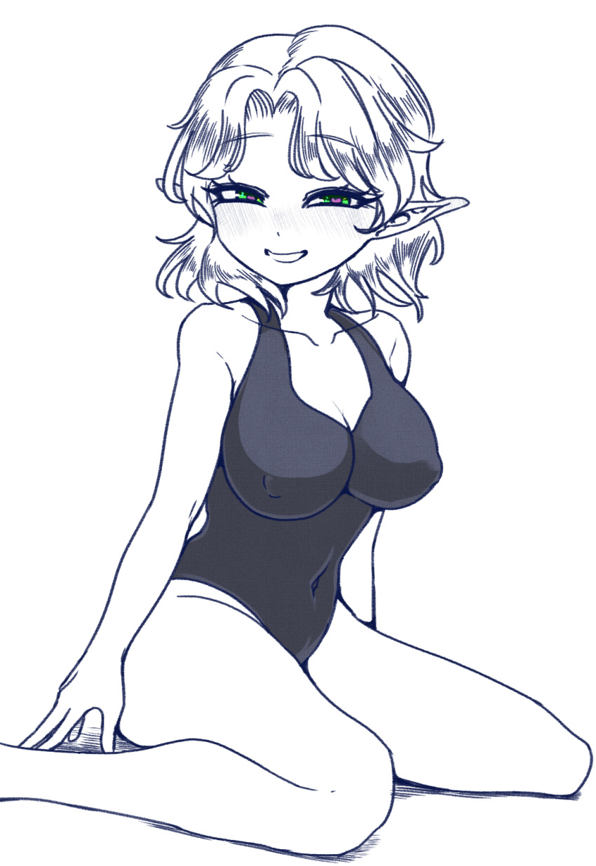 1girl alternate_costume blush breasts cleavage commentary_request covered_erect_nipples feet_out_of_frame green_eyes grin heart heart-shaped_pupils highres large_breasts looking_at_viewer mizuhashi_parsee one-piece_swimsuit pointy_ears seiza short_hair simple_background sitting smile solo spot_color swimsuit symbol-shaped_pupils touhou yokozuna_iwashi