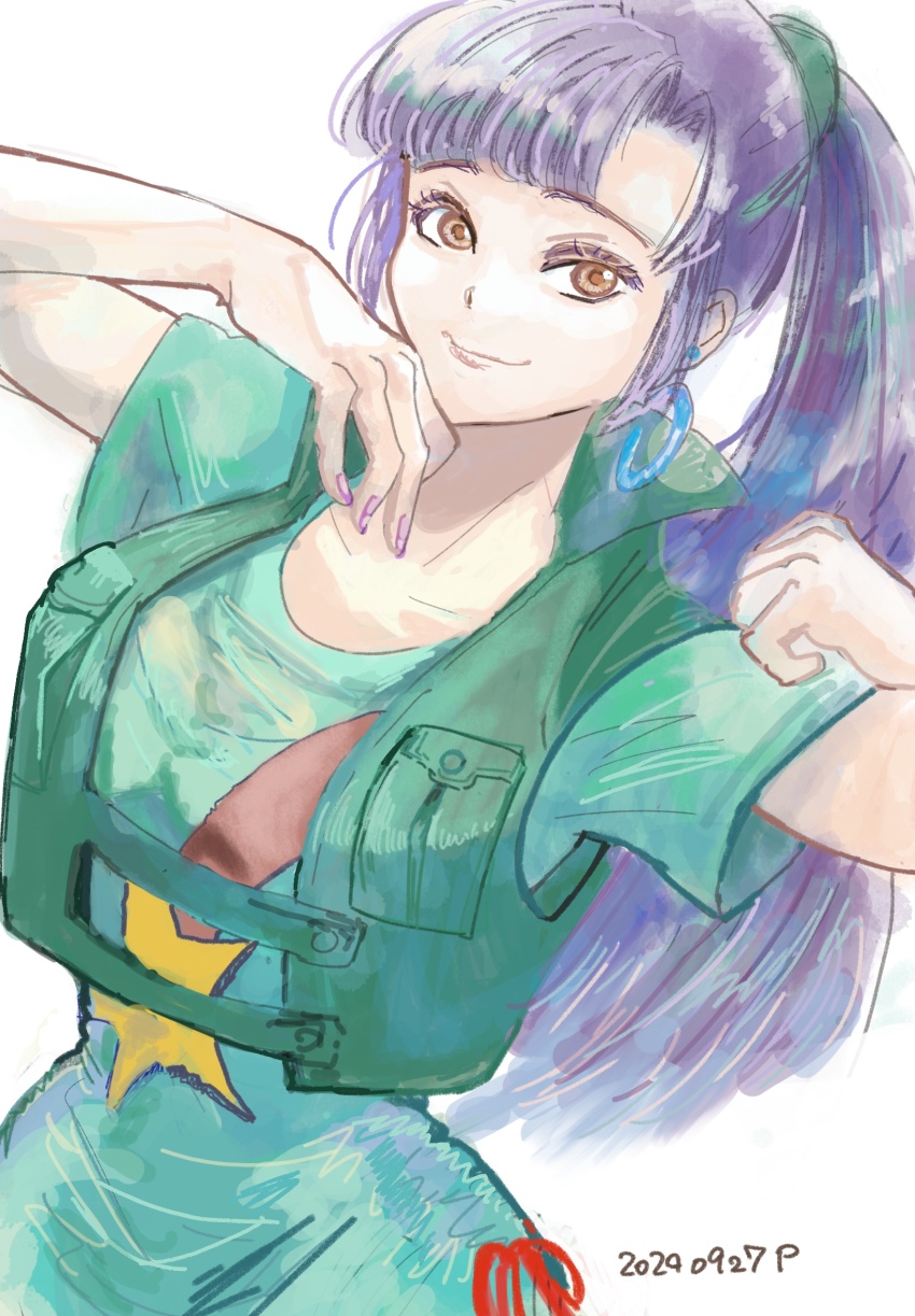 1girl commentary dated dress english_commentary green_dress gundam gundam_zz highres light_smile long_hair looking_at_viewer okrdisk2000 orange_eyes outstretched_arms purple_hair roux_louka short_sleeves solo spread_arms star_(symbol) star_print white_background