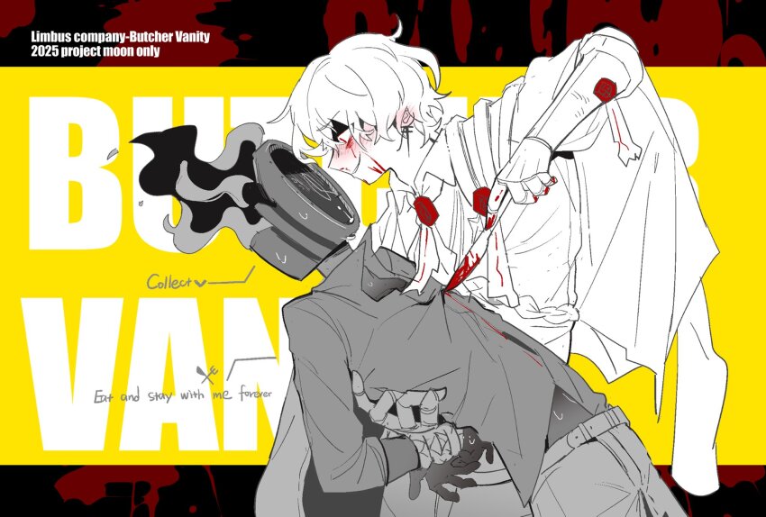 1boy 1other arms_behind_back ascot blush bound bound_wrists butcher_vanity_(synthesizer_v) clock cowboy_shot dante_(limbus_company) fire gloves highres holding holding_knife imminent_cannibalism knife limbus_company n_corp._fanatic_(identity)_(project_moon) object_head other_with_male pants parted_lips project_moon sinclair_(project_moon) smile south_ac sweat wax_seal