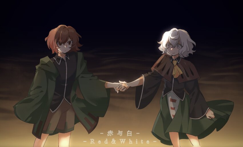 1girl 1other androgynous black_shirt black_sleeves brown_capelet brown_shorts capelet chinese_text closed_mouth collared_shirt colored_eyelashes commentary cowboy_shot english_text gradient_background green_jacket green_skirt green_sleeves grey_eyes hashtag-only_commentary highres holding_hands hood hood_down hooded_jacket jacket len&#039;en light_frown long_sleeves looking_at_another miniskirt mixed-language_text open_clothes open_jacket pleated_skirt red_eyes red_hair shirt shitodo_hooaka shitodo_hoojiro short_hair shorts siblings simple_background skirt sleeves_past_fingers sleeves_past_wrists smile white_hair wide_sleeves wind xiao_ganju_nailuo yellow_background