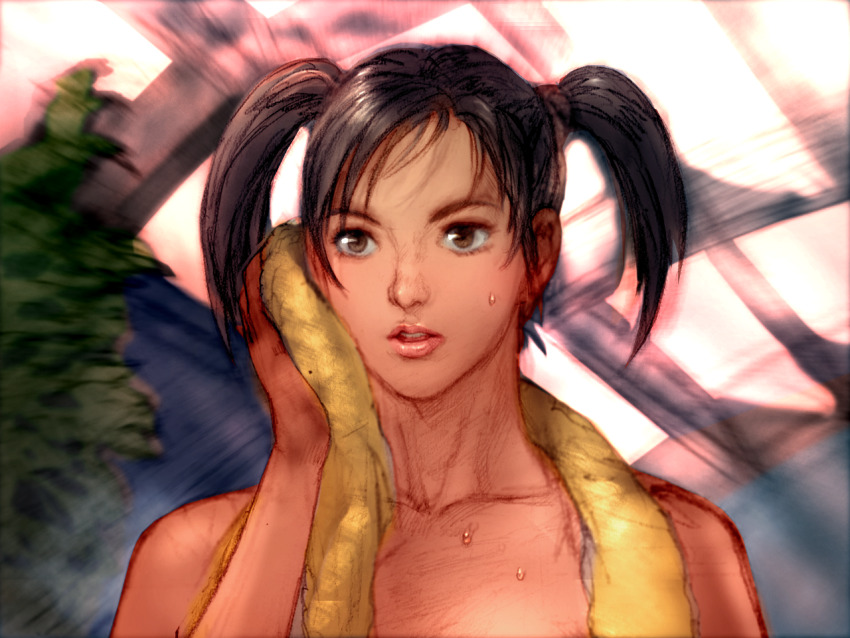 1girl black_hair close-up drying game_cg holding holding_towel kawano_takuji ling_xiaoyu official_art parted_lips short_twintails sideways_glance small_sweatdrop solo sweat teeth tekken tekken_4 towel towel_around_neck twintails upper_body upper_teeth_only