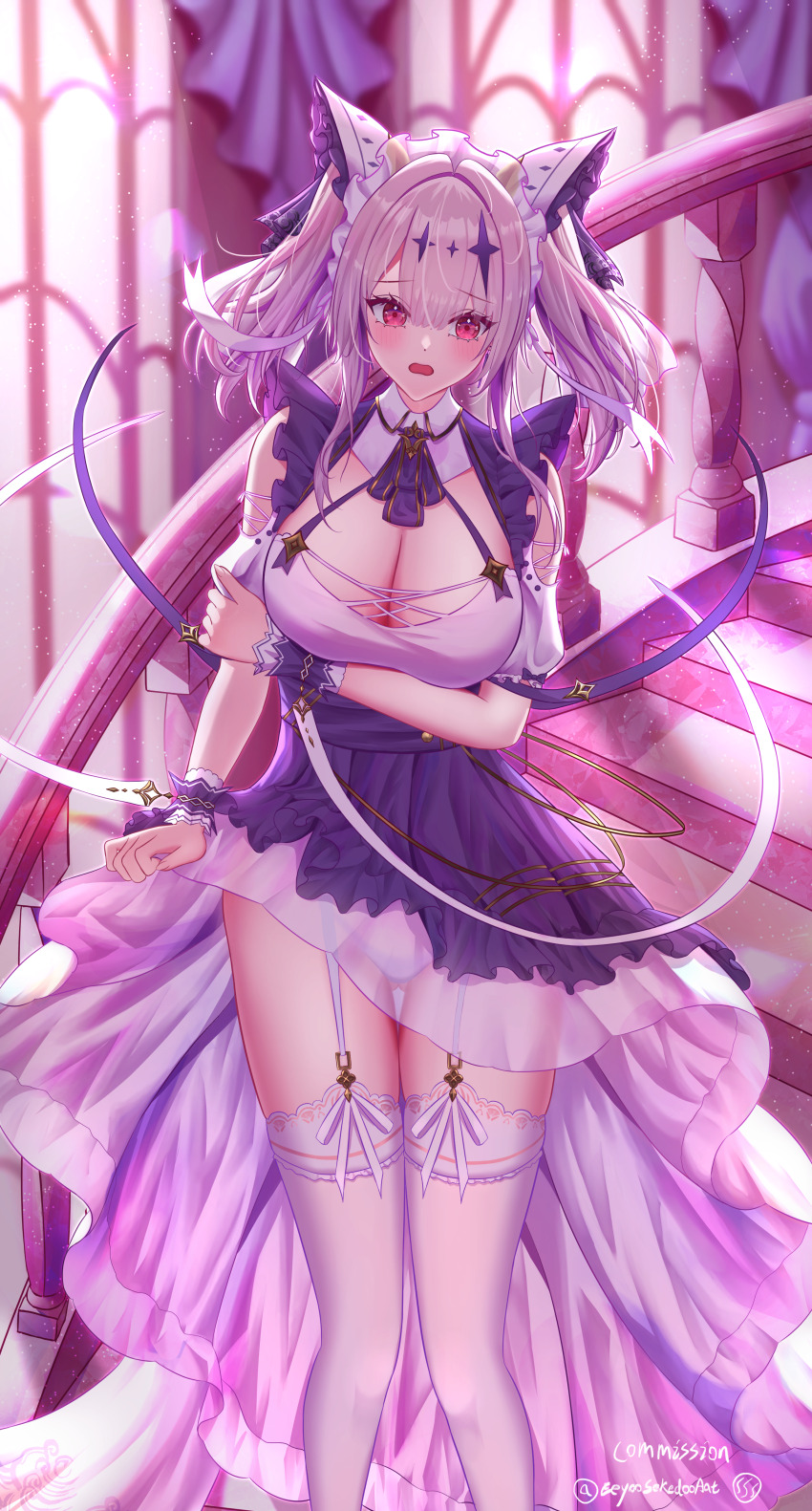 1girl absurdres alternate_costume animal_ears apron arms_under_breasts artist_name azur_lane blush breasts cheshire_(azur_lane) cheshire_(azur_lane)_(cosplay) cleavage commission cosplay detached_sleeves eeyoosekedooaat enmaided fake_animal_ears feet_out_of_frame garter_straps hair_ornament highres indoors joffre_(azur_lane) lace lace-trimmed_thighhighs lace_trim large_breasts long_hair long_ribbon looking_at_viewer maid maid_headdress open_mouth panties pink_theme pixiv_commission puffy_detached_sleeves puffy_sleeves purple_apron red_eyes see-through_clothes solo stairs star_(symbol) star_hair_ornament thighhighs underwear white_garter_straps white_panties white_thighhighs