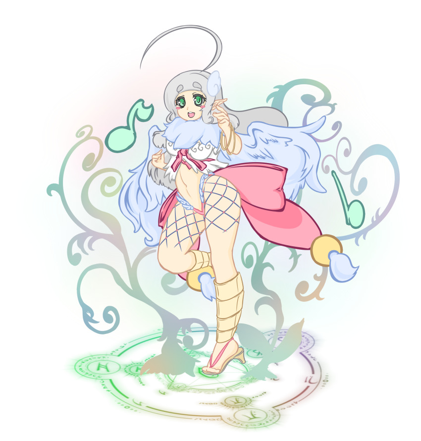 1girl absurdres ahoge arched_bangs back_bow bangle bikini blush_stickers bow bracelet breasts brown_sandals commentary_request feathered_wings full_body green_eyes grey_hair highres huge_ahoge jewelry large_bow long_hair looking_at_viewer magic_circle medium_breasts musical_note navel open_mouth pink_bow pointy_ears ragnarok_iris ragnarok_online sandals simple_background smile solo standing standing_on_magic_circle swimsuit wanderer_(ragnarok_online) white_background white_bikini white_wings wings