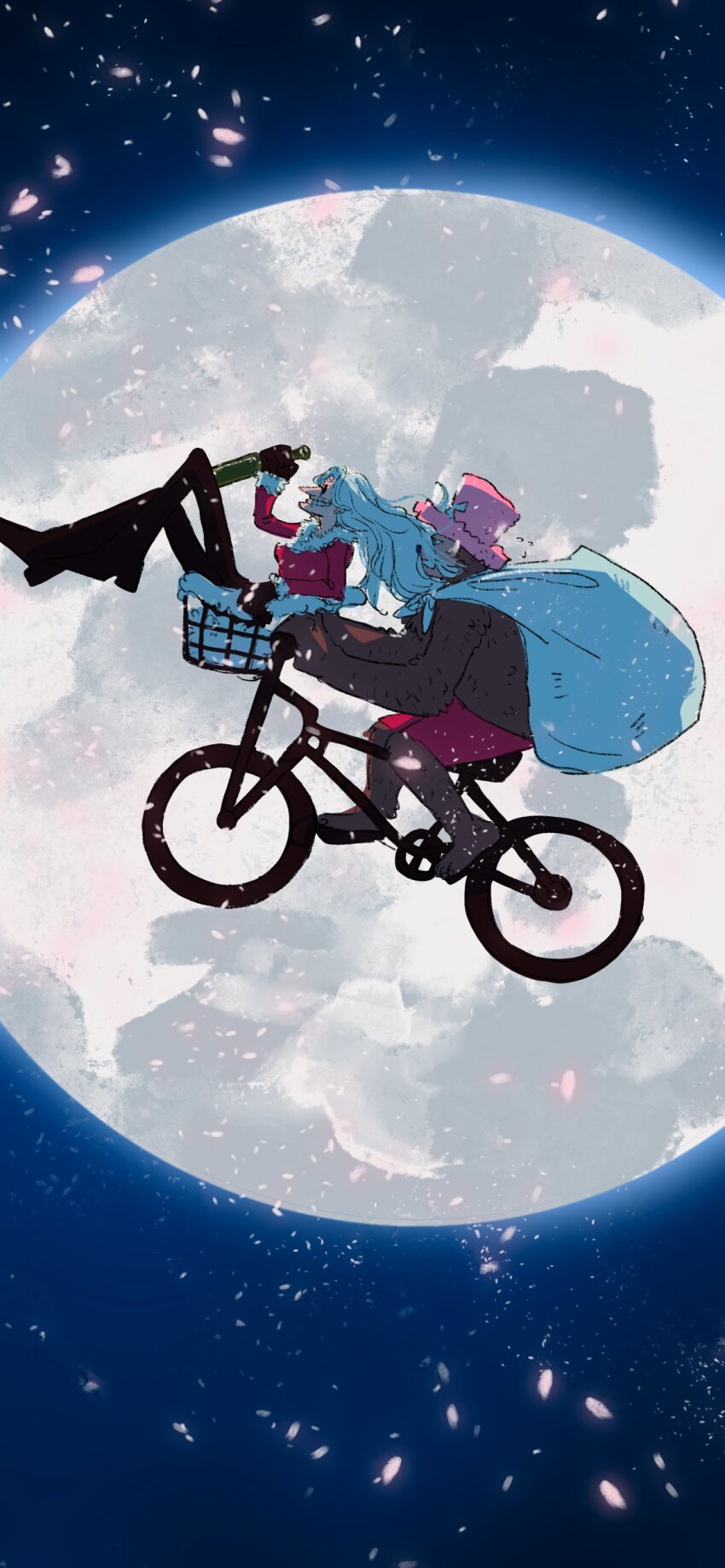 1boy 1girl absurdres bag bicycle bottle brown_fur cherry_blossoms dr._kureha falling_petals fengcheche flying from_side full_body full_moon fur-trimmed_jacket fur_trim glasses highres holding holding_bottle jacket moon moon_background night old old_woman one_piece petals pink_headwear pink_shorts reindeer riding riding_bicycle shorts sitting smile tony_tony_chopper white_hair