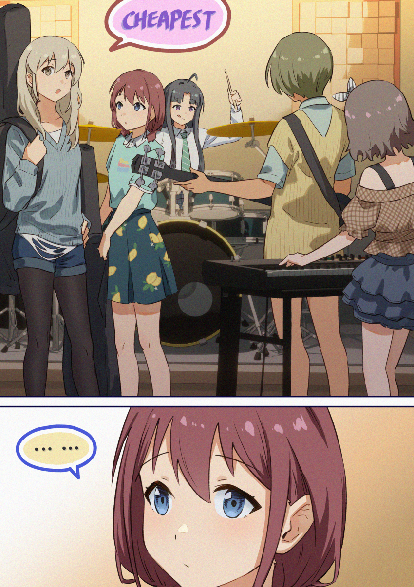 ... 5girls absurdres ahoge awa_subaru black_hair black_pantyhose blue_eyes blue_shirt blue_shorts blue_skirt brown_hair brown_shirt brown_sweater_vest commentary diagonal-striped_clothes diagonal-striped_necktie drum drum_set ebizuka_tomo electric_bass_guitar english_commentary food_print fruit_print girls_band_cry green_necktie grey_eyes grey_hair grey_sweater guitar_case highres instrument instrument_case instrument_on_back iseri_nina kawaragi_momoka keyboard_(instrument) layered_skirt lemon_print long_hair low_twintails multiple_girls music necktie off-shoulder_shirt off_shoulder pantyhose pantyhose_under_shorts parted_bangs playing_instrument rupa_(girls_band_cry) shirt short_hair short_sleeves short_twintails shorts sidelocks skirt spoken_ellipsis striped_clothes summer_left sweater sweater_vest togenashi_togeari twintails white_shirt