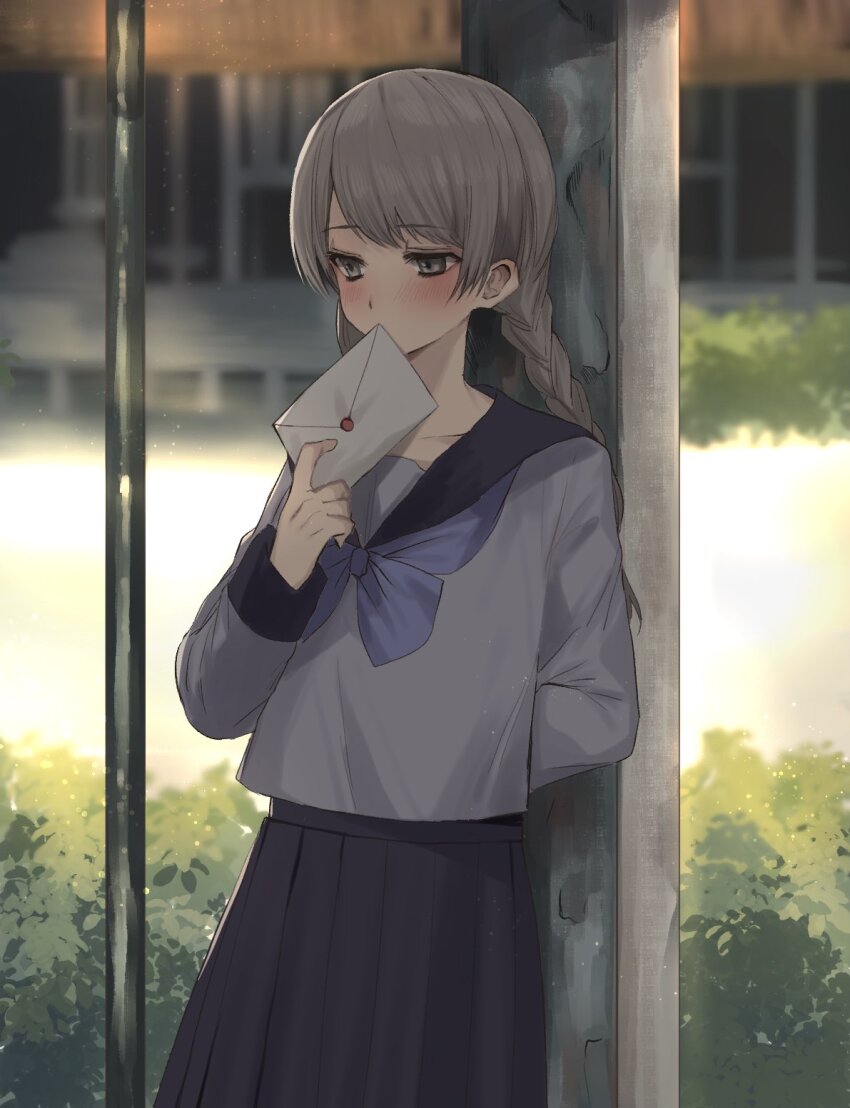 1boy against_wall arm_behind_back black_sailor_collar black_skirt blue_bow blue_bowtie blurry blurry_background blush bow bowtie braid building bush covering_own_mouth cowboy_shot crossdressing embarrassed grey_eyes grey_shirt half-closed_eyes highres holding holding_letter juusan_kihei_bouei_ken kasukasugom1 letter long_sleeves looking_to_the_side male_focus okino_tsukasa pleated_skirt sailor_collar shirt skirt solo twin_braids