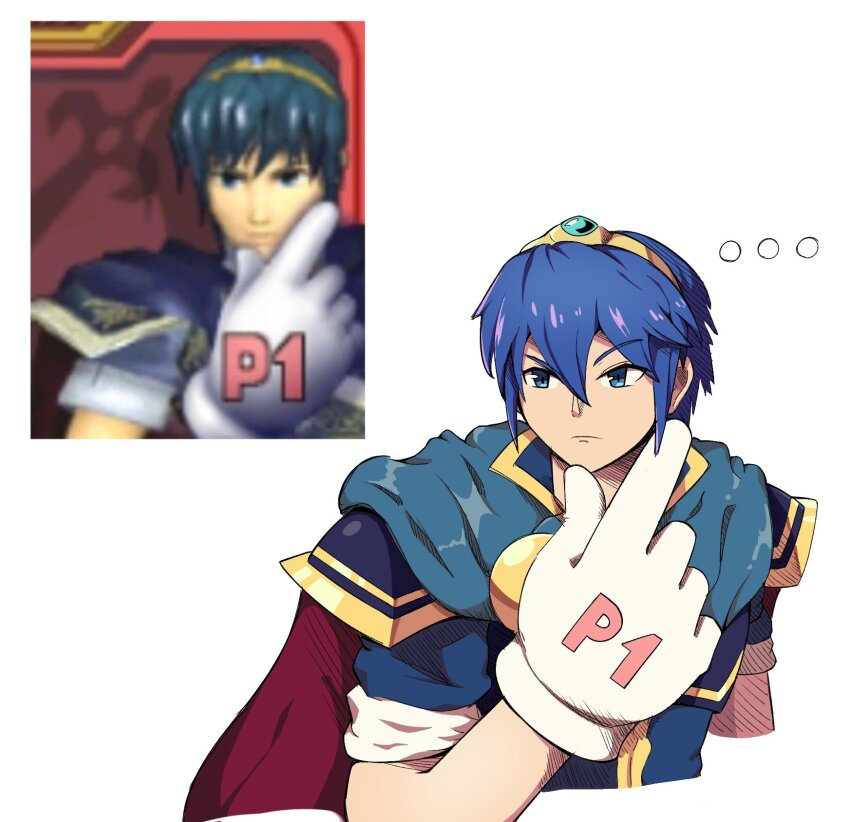 ... 1boy blue_cape blue_eyes blue_hair blue_tunic cape circlet closed_mouth commentary cropped_torso fire_emblem gloves hand_cursor highres looking_ahead male_focus marth_(fire_emblem) nintendo reference_inset short_hair simple_background super_smash_bros. surrealmason tunic white_gloves