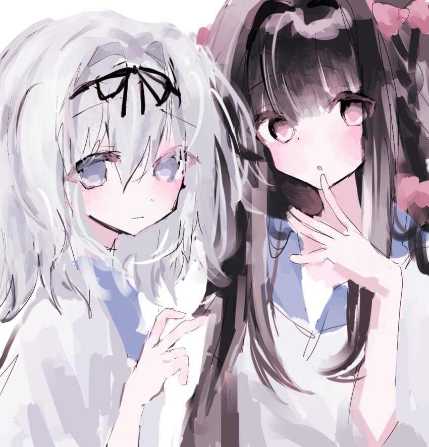 2girls black_ribbon bow brown_hair commentary grey_eyes grey_hair hair_between_eyes hair_bow hair_ribbon hanamura_hinako hand_up hashtag-only_commentary kitanai_kimi_ga_ichiban_kawaii long_hair looking_at_viewer multiple_girls pink_bow pink_eyes ribbon sezaki_airi short_hair sidelocks unagizaka_gohan