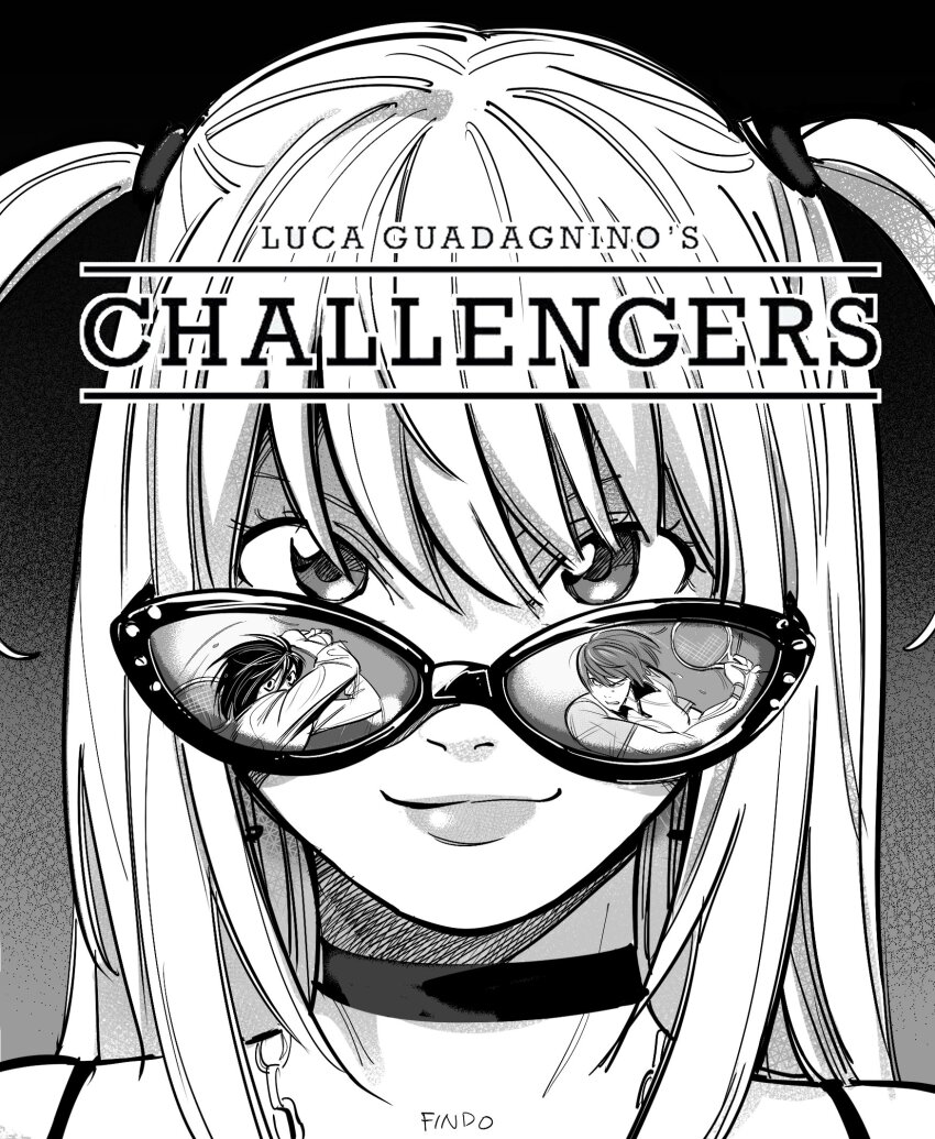 1girl 2boys amane_misa black_choker blonde_hair choker death_note english_text findoworld highres l_(death_note) lips looking_over_eyewear monochrome movie_poster movie_reference multiple_boys nostrils playing_sports portrait racket reflection reflective_surface spaghetti_strap sunglasses tennis tennis_racket two_side_up yagami_light