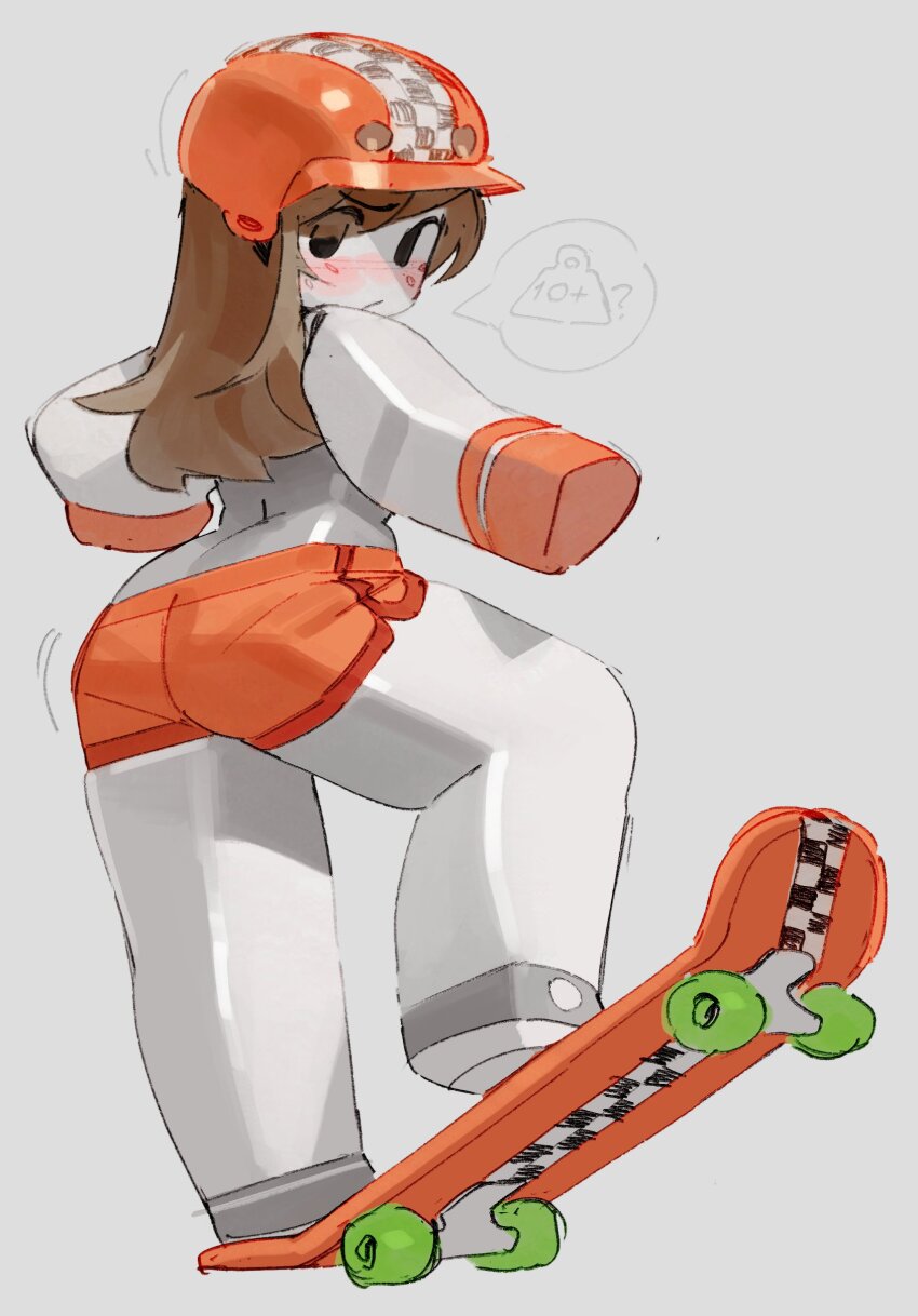 1girl absurdres black_eyes blush colored_skin dolphin_shorts from_behind gloves grey_background grey_skin helm helmet highres long_hair looking_at_viewer orange_gloves orange_helmet orange_shorts roblox short_shorts shorts skateboard solo spoken_object wamudraws