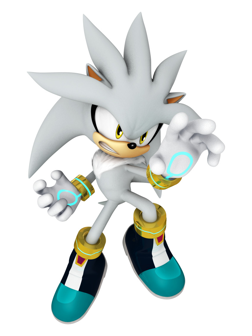 1boy 3d absurdres animal_ears animal_nose arm_up blue_boots body_fur boots clenched_teeth floating full_body furry furry_male gloves grey_fur grey_hair highres long_hair looking_afar male_focus multicolored_boots neck_fur neon_trim official_art outstretched_arm serious sideways_mouth silver_the_hedgehog simple_background solo sonic_(series) spiked_hair tail teeth third-party_source transparent_background two-tone_boots two-tone_fur white_fur white_gloves yellow_eyes