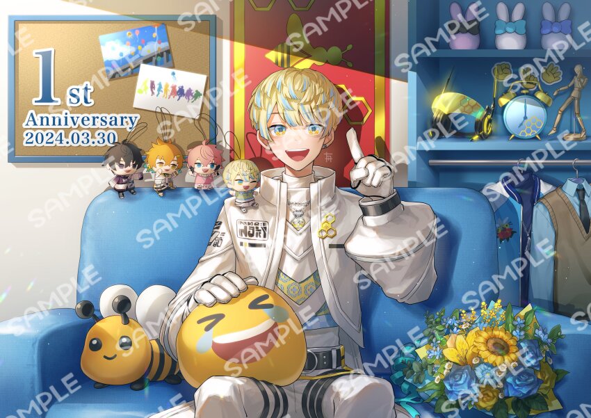 1boy :d absurdres akagi_wen akagi_wen_(1st_costume) alarm_clock anniversary banner belt black_belt black_necktie blonde_hair blue_eyes blue_flower blue_hair blue_jacket blue_rose blue_shirt bouquet brown_sweater_vest bulletin_board chain chain_necklace character_doll clock clothes_hanger collared_shirt commentary_request couch cropped_jacket dated earrings emoji flower gloves hakobune_noark hand_up head-mounted_display hibachi_mana hibachi_mana_(1st_costume) highres index_finger_raised indoors jacket jewelry letterman_jacket light_particles long_sleeves looking_at_viewer male_focus multicolored_eyes multicolored_hair necklace necktie nijisanji on_couch open_clothes open_jacket open_mouth oriens_(nijisanji) pants photo_(object) puffy_long_sleeves puffy_sleeves rose saiki_ittetsu saiki_ittetsu_(1st_costume) sample_watermark shadow shelf shirt short_hair single_earring sitting smile solo streaked_hair stuffed_animal stuffed_bee stuffed_toy sunflower sweater_vest teeth thigh_strap turtleneck unworn_headwear unworn_jacket unworn_shirt unworn_vest upper_teeth_only usami_rito usami_rito_(1st_costume) vest virtual_youtuber watermark white_flower white_gloves white_jacket white_pants white_shirt wing_collar yellow_eyes yellow_flower