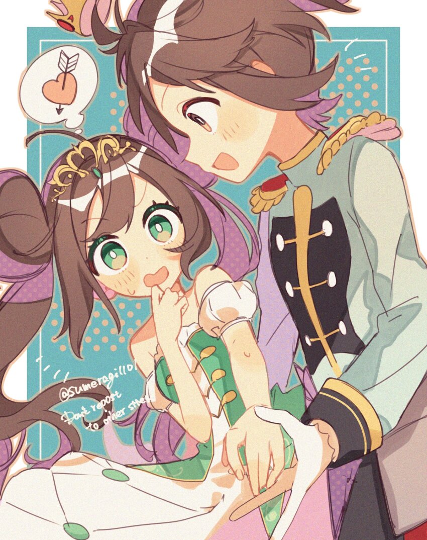 1boy 1girl :d bare_shoulders bright_pupils brown_eyes brown_hair commentary_request double_bun dress epaulettes eyelashes green_eyes grey_jacket hair_bun hand_up highres jacket long_hair nate_(champion)_(pokemon) nate_(pokemon) nintendo off-shoulder_dress off_shoulder official_alternate_costume open_mouth pokemon pokemon_masters_ex rosa_(champion)_(pokemon) rosa_(pokemon) short_hair smile speech_bubble sumeragi1101 sweatdrop thought_bubble twintails twitter_username white_pupils