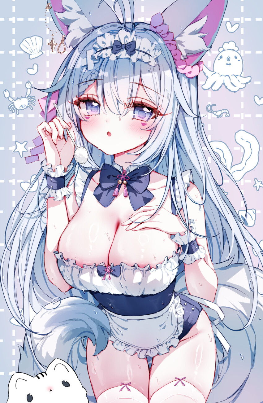 1girl :o absurdres animal animal_ear_fluff animal_ears antenna_hair apron bare_shoulders black_bow blue_leotard bow braid braided_bangs breasts cat cleavage collarbone commentary_request commission crab dotted_line frilled_apron frills grey_background grey_eyes grey_hair grid_background groin hair_between_eyes hair_ornament hairclip hands_up heart highres holding large_breasts leotard long_hair looking_at_viewer mimikaki original parted_lips seashell shell solo starfish tail tandohark thighhighs very_long_hair waist_apron white_apron white_cat white_thighhighs wrist_cuffs x_hair_ornament
