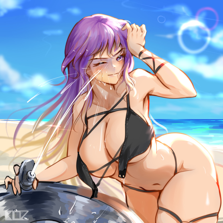 1girl absurdres beach bikini black_bikini blonde_hair breasts collarbone cross-laced_clothes drinking_fountain edz_drawz gradient_hair highres hijiri_byakuren large_breasts long_hair midriff multicolored_hair navel one_eye_closed purple_hair solo swimsuit thick_thighs thighs touhou wide_hips yellow_eyes