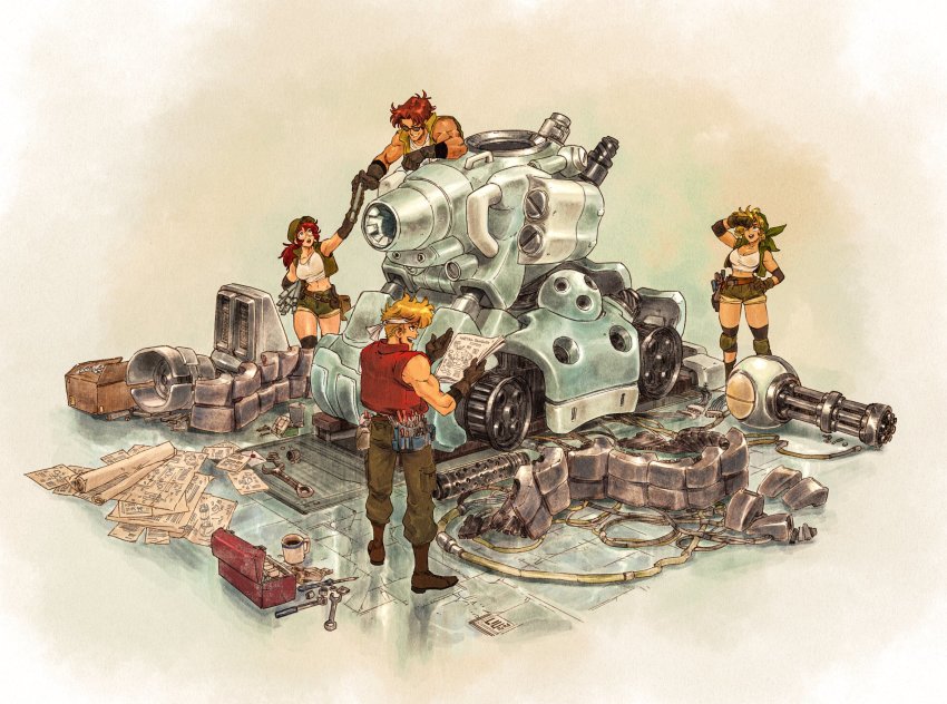 2boys 2girls bag bandana baseball_cap blonde_hair blueprint_(object) boots breasts brown_footwear brown_gloves brown_hair cargo_pants coffee_mug combat_boots commentary crop_top cup david_liu disassembly elbow_pads english_commentary fio_germi flak_jacket full_body gatling_gun gloves green_bandana green_headwear green_shorts hat headband highres jacket kasamoto_eri knee_pads large_breasts marco_rossi metal_slug metal_slug_tactics military military_vehicle motor_vehicle mug multiple_boys multiple_girls muscular muscular_male open_clothes open_vest pants red_hair satchel shorts sleeveless snk sv001_(metal_slug) tan tank tarma_roving textless_version tool_belt tools vest white_headband