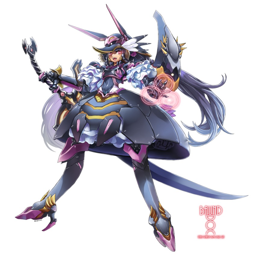 1girl baund_doc braid ceda_(dace) claws female_focus grey_hair gundam helmet highres long_hair looking_at_viewer magic mecha mecha_musume open_mouth red_eyes robot smile solo sword twin_braids weapon zeta_gundam