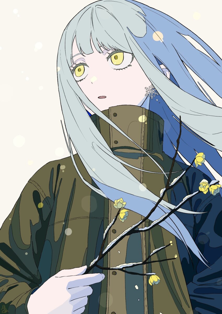 1girl analogous_colors arms_at_sides blue_hair blunt_bangs blurry bokeh branch brown_coat bud buttons coat depth_of_field dot_nose double-breasted earrings expressionless eyelashes facing_viewer floating_hair flower flower_request hand_up high_collar highres hime_cut holding holding_branch jewelry light_blue_hair long_hair looking_afar original pale_color parted_lips raised_chin simple_background snow snowflake_earrings snowing solo straight_hair tareme tsukii_(t_s_u_k_i_i) upper_body winter winter_clothes winter_coat yellow_background yellow_eyes yellow_flower