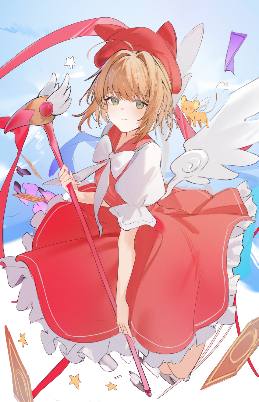 1girl absurdres ahoge animal bow brown_hair card closed_mouth commentary dress flantia frilled_dress frills green_eyes hat highres holding holding_staff large_bow looking_at_viewer original red_dress red_hat short_hair short_sleeves sidelocks sky solo staff star_(symbol) white_bow white_dress white_wings wings
