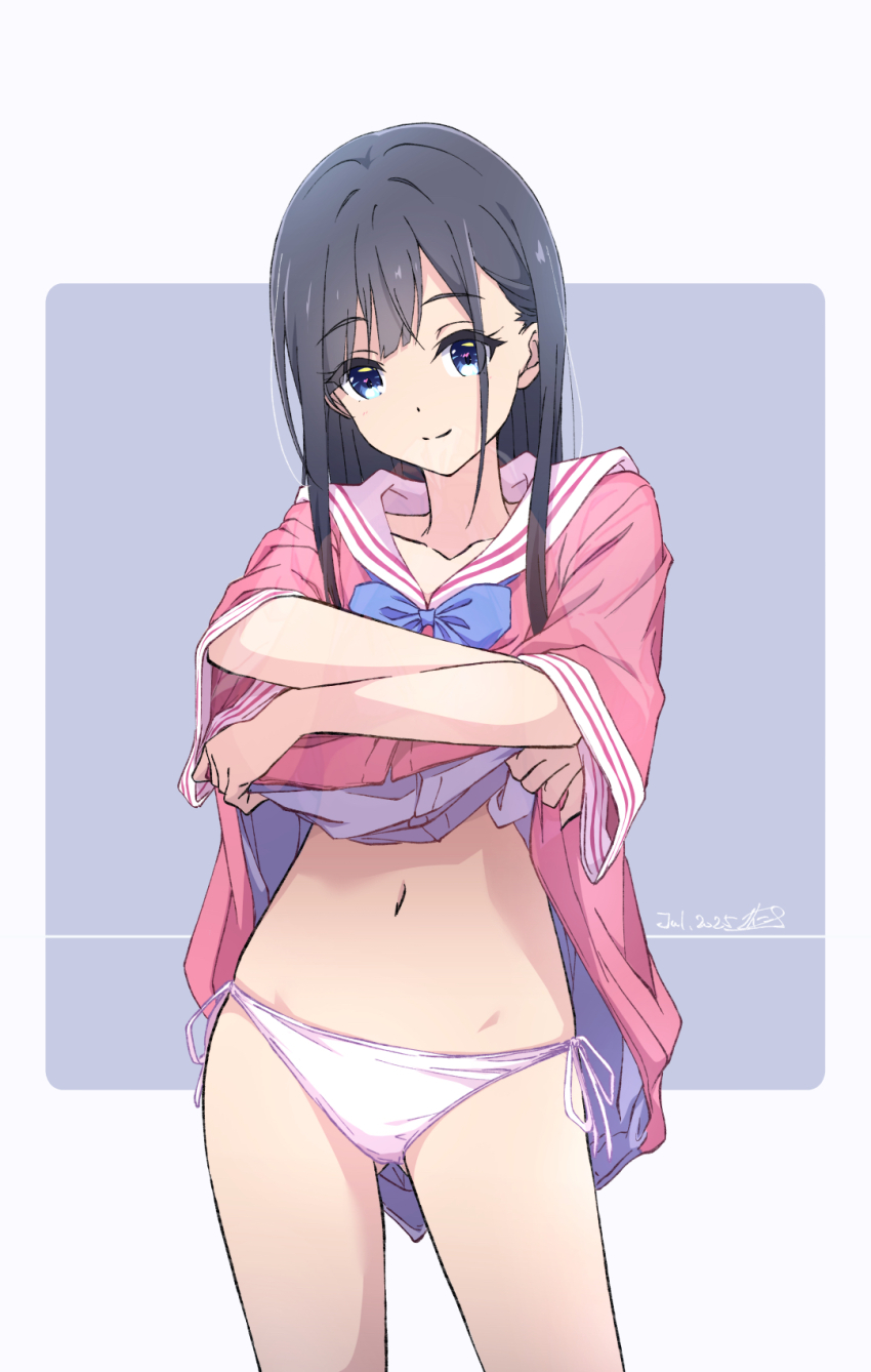 1girl black_hair blue_eyes closed_mouth clothes_lift dated highres lifting_own_clothes looking_at_viewer monai-chan_(nii_manabu) navel nii_manabu original panties pink_shirt sailor_collar school_uniform shirt shirt_lift side-tie_panties signature smile solo underwear white_panties white_sailor_collar