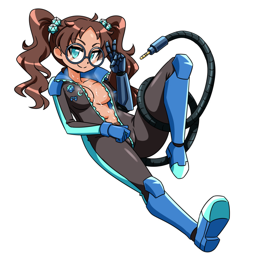 1girl absurdres aqua_eyes audio_jack barcode bodysuit breasts brown_hair commission commissioner_upload d20_(die) dark-skinned_female dark_skin dice glasses gloves highres large_forehead mechanical_tail moon_(ornament) navel original otchakun_(artist) polyhedral_dice prosthesis prosthetic_arm round_eyewear smile solo sweat tail twintails unzipped_bodysuit unzipping ushu_rahad v zipper zipper_bodysuit
