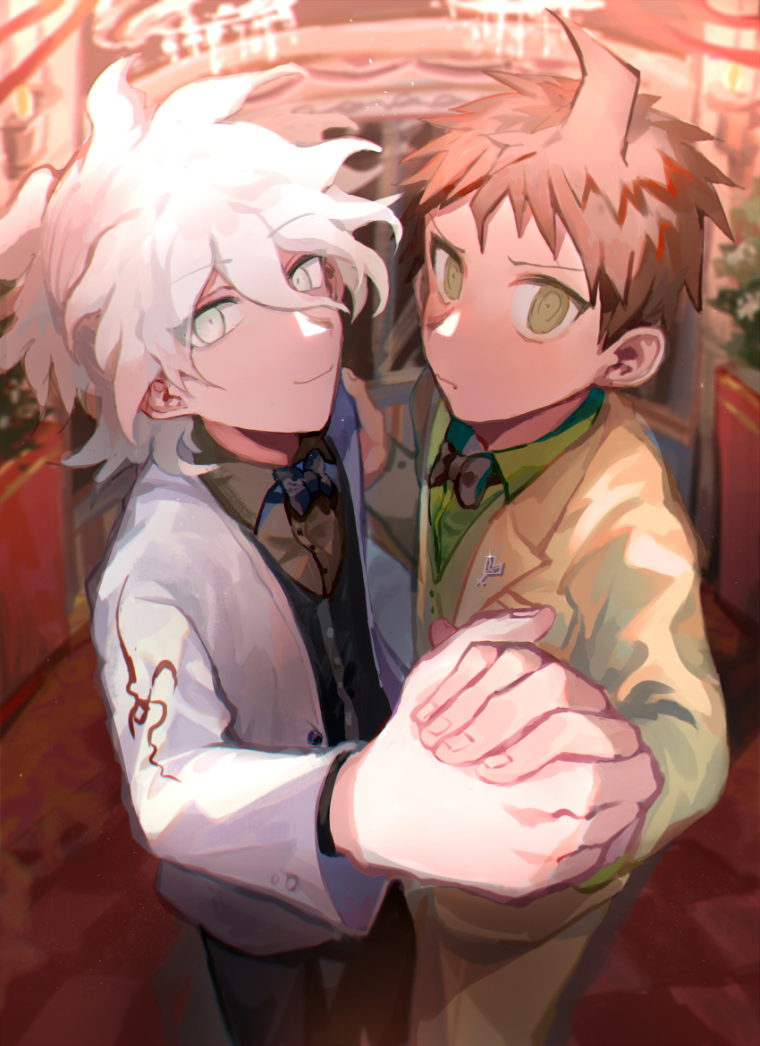 2boys absurdres ahoge alternate_costume black_bow black_bowtie black_pants black_shirt black_vest blazer bow bowtie brown_hair buttons carpet chandelier checkered_floor chinese_commentary closed_mouth collared_jacket collared_shirt commentary_request confused cowboy_shot dancing danganronpa_(series) danganronpa_2:_goodbye_despair dress_pants formal_clothes frown furrowed_brow glass_door green_eyes green_jacket green_pants green_shirt green_suit green_vest hand_on_another&#039;s_shoulder happy heichiyo highres hinata_hajime holding_hands indoors interlocked_fingers jacket komaeda_nagito lapel_pin lapels light_particles long_sleeves looking_at_viewer male_focus messy_hair multiple_boys night notched_lapels open_clothes open_jacket pale_skin pants plant pointy_nose potted_plant shirt short_hair smile spiked_hair suit traditional_bowtie tuxedo vest white_eyes white_hair white_jacket yaoi