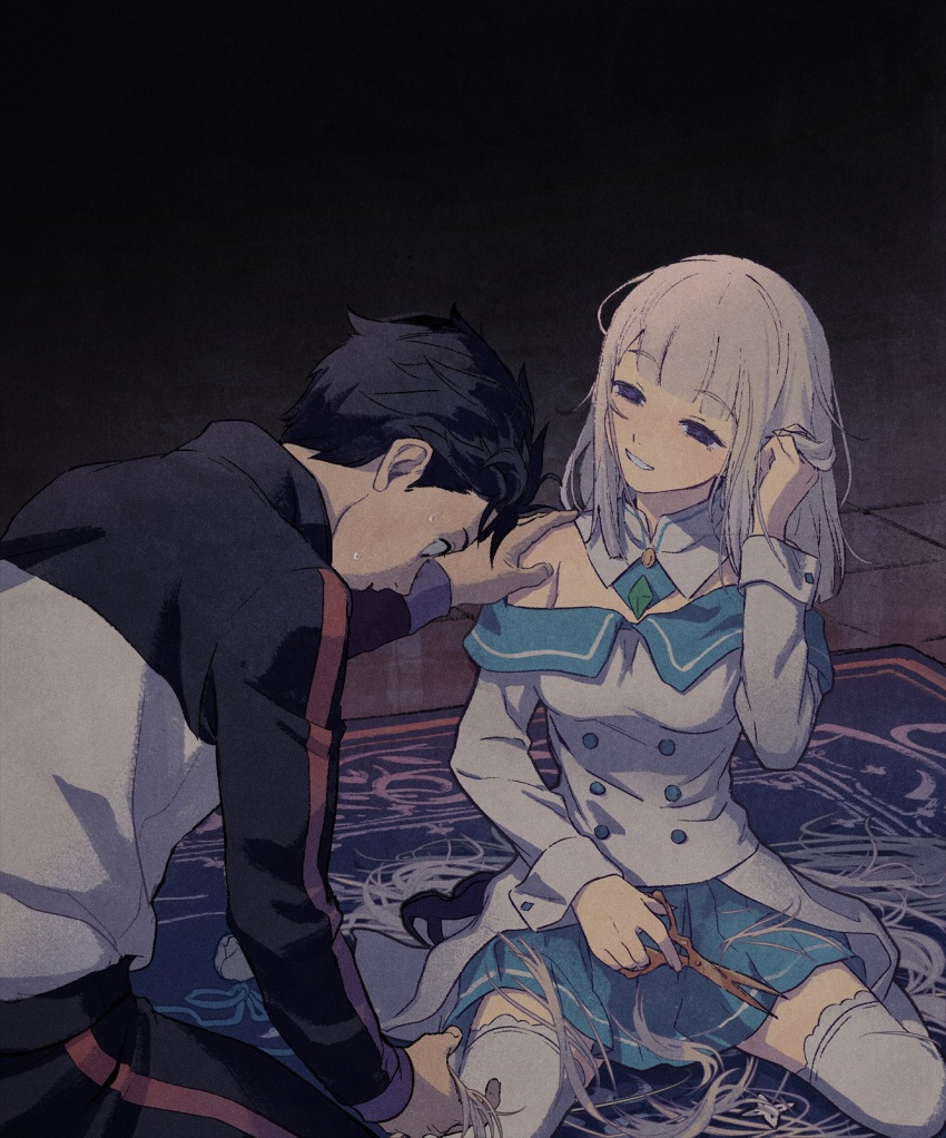 1boy 1girl alternate_hair_length alternate_hairstyle alternate_universe black_hair blunt_bangs blunt_ends breasts buttons commentary cutting_hair cutting_own_hair detached_collar duplicate emilia_(re:zero) eyelashes grey_hair hand_in_own_hair hand_on_another&#039;s_shoulder hand_up highres holding holding_own_hair holding_scissors iwamushi jacket natsuki_subaru off_shoulder pants parted_lips pleated_skirt re:zero_kara_hajimeru_isekai_seikatsu re:zero_kara_kasaneru_isekai_seikatsu scissors severed_hair short_hair sitting skirt smile sweat thighhighs track_jacket
