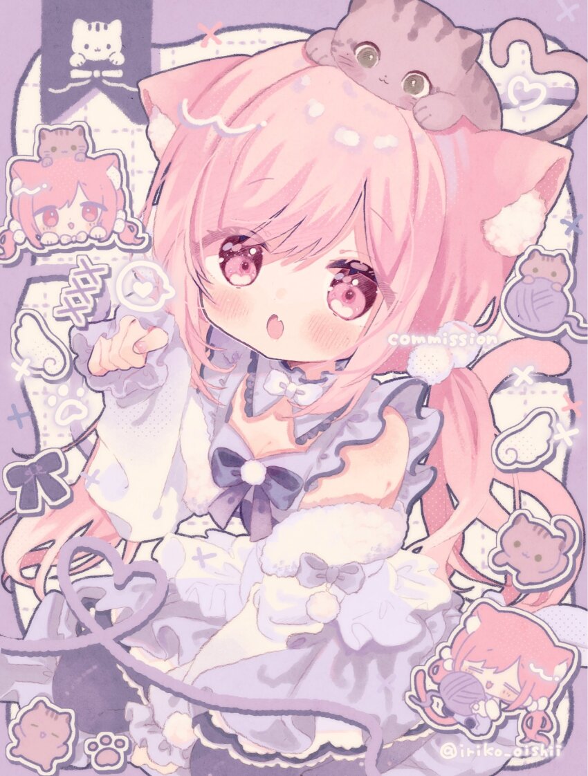 1girl :3 :d :o animal animal_ear_fluff animal_ears animal_on_head bare_shoulders black_bow black_bowtie black_ribbon black_thighhighs blue_dress blush blush_stickers border bow bowtie breasts cat cat_ears cat_girl cat_tail chibi cleavage cleavage_cutout clothing_cutout commentary commission detached_collar dress fang grid_background hand_up heart heart_of_string highres indie_virtual_youtuber kamizakana_iriko long_hair long_sleeves looking_at_viewer lucie_(vtuber) on_head open_mouth outside_border paw_pose pink_eyes pink_hair purple_border ribbon skeb_commission skin_fang smile tail thighhighs twitter_username white_background yarn yarn_ball
