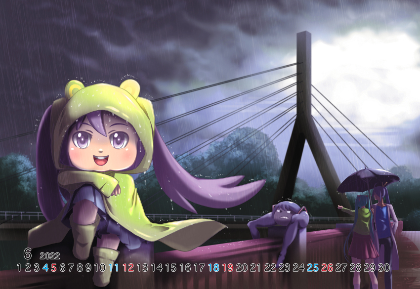 alternate_eye_color alternate_hair_color bridge calendar_(medium) cloud dark_clouds frog_raincoat hatsune_miku highres june kamui_gakupo lolita_majin mikudayo outdoors purple_eyes purple_hair rain raincoat shiteyan&#039;yo twintails umbrella vocaloid