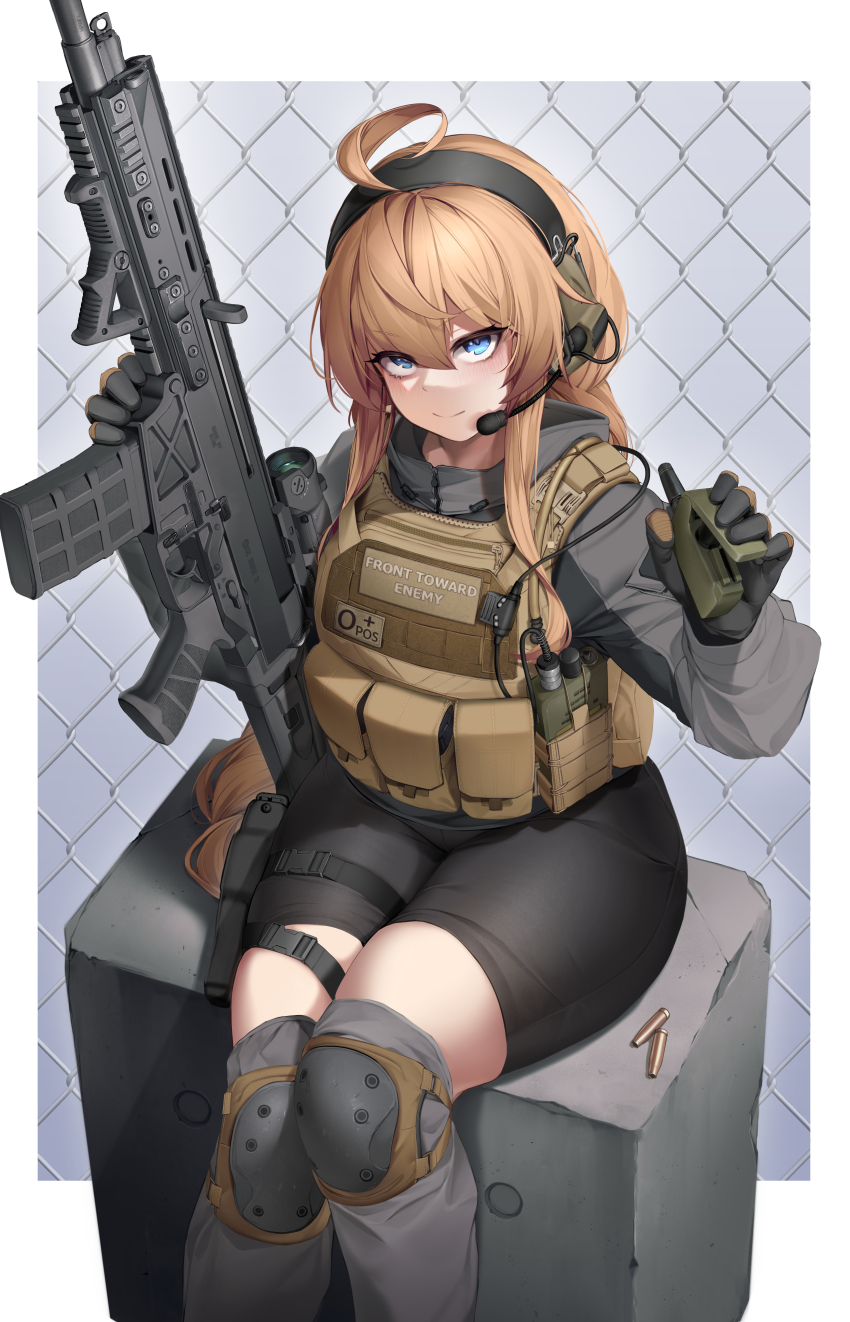 1girl absurdres ahoge armor battle_rifle bike_shorts black_gloves black_shorts blonde_hair blue_eyes braid braided_ponytail commentary commission cz_bren-2_br dated_commentary english_commentary feet_out_of_frame gloves grey_jacket gun hair_over_shoulder headphones headset highres holding holding_gun holding_weapon indie_virtual_youtuber jacket knee_pads leg_holster load_bearing_vest long_hair long_sleeves nine_(kanine41) rifle short_shorts shorts single_braid sitting smile solo thick_thighs thighhighs thighs virtual_youtuber weapon whiskey_project wide_hips